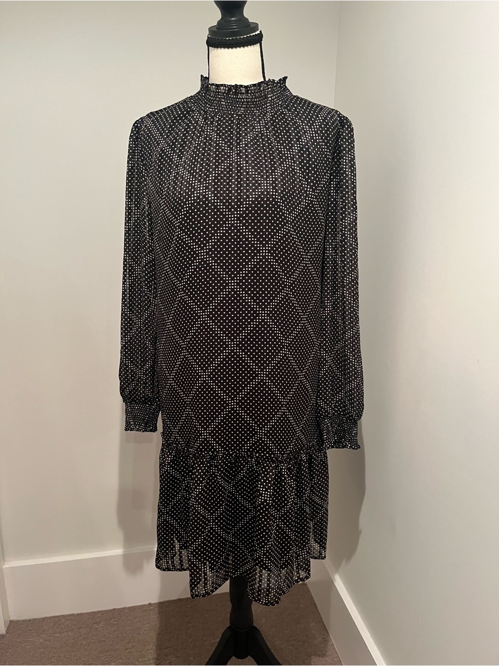 J. Crew Black Polka Dot High-Neck Long Sleeve Dress